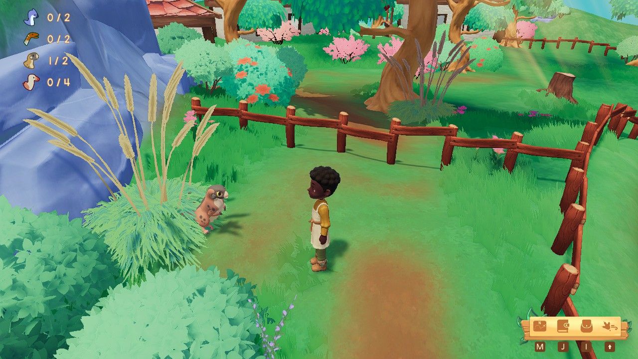 Player character standing next to a Psittacosaurus hiding in a Pampas Grass plant in Pebble Plaza in Paleo Pines.