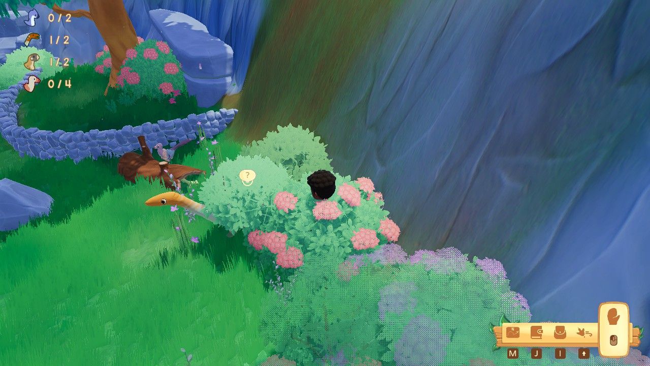 Player character standing near a Coelophysis sticking out of a bush in Pebble Plaza during Shenanigan in Paleo Pines.
