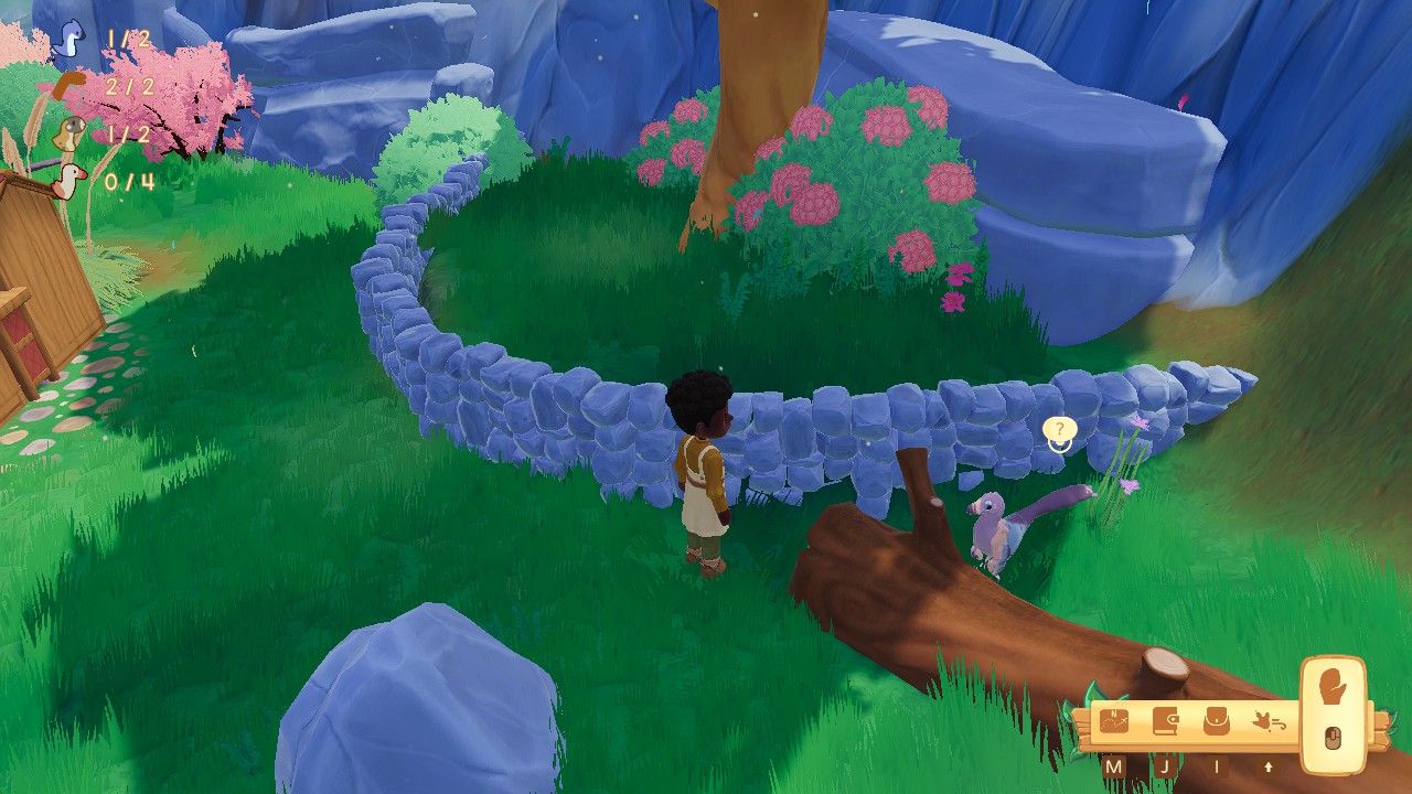 Player character standing beside a Velociraptor hiding behind a fallen log in Pebble Plaza during Shenanigan in Paleo Pines.