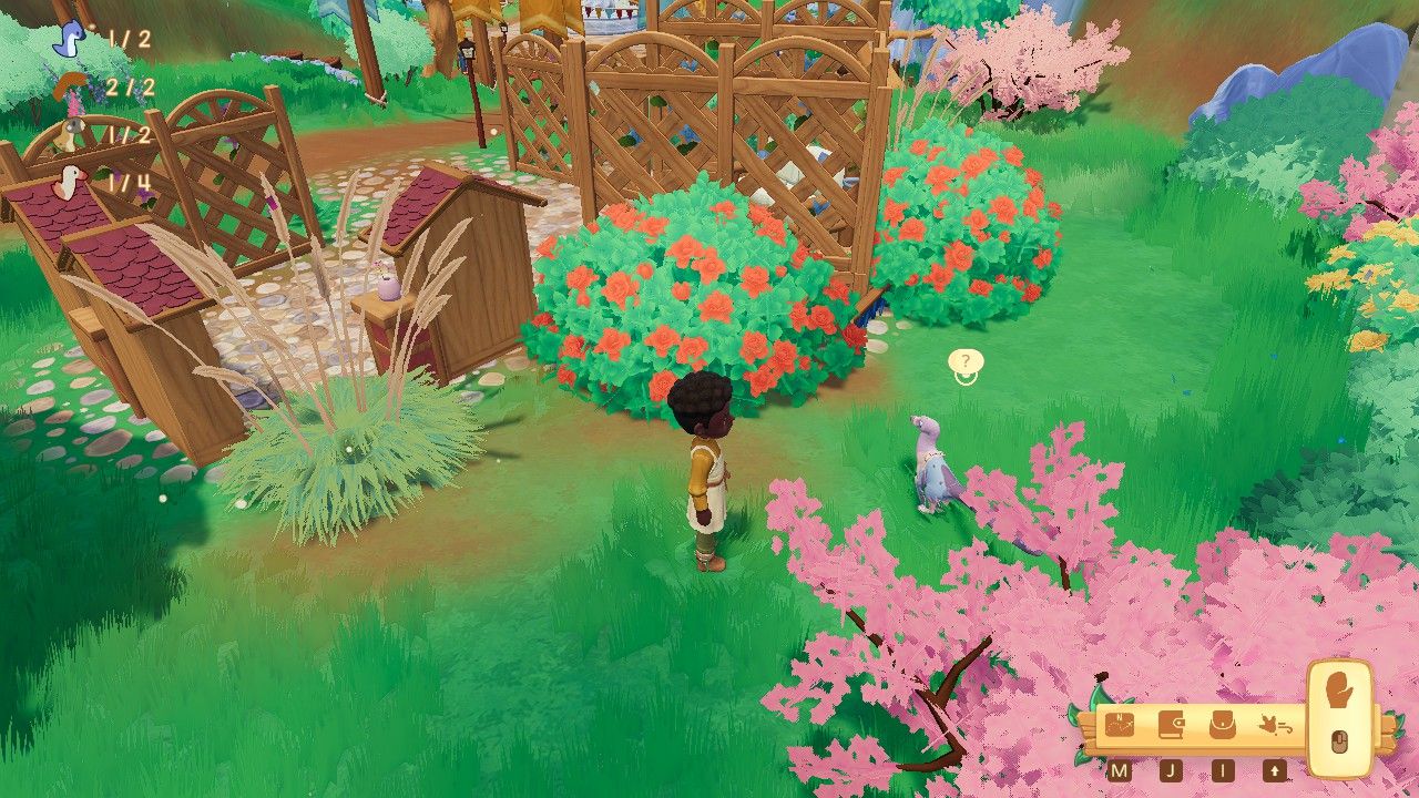 Player character standing next to a Velociraptor hiding behind a bush with red flowers in Pebble Plaza during Shenanigan in Paleo Pines.