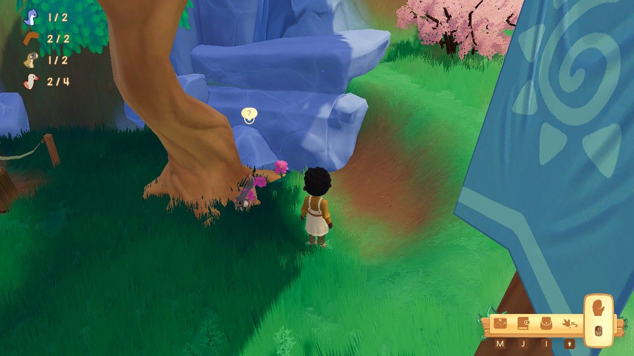 Player character standing next to a Psittacosaurus hiding behind a tree next to Marlo's stall in Pebble Plaza during Shenanigan in Paleo Pines.