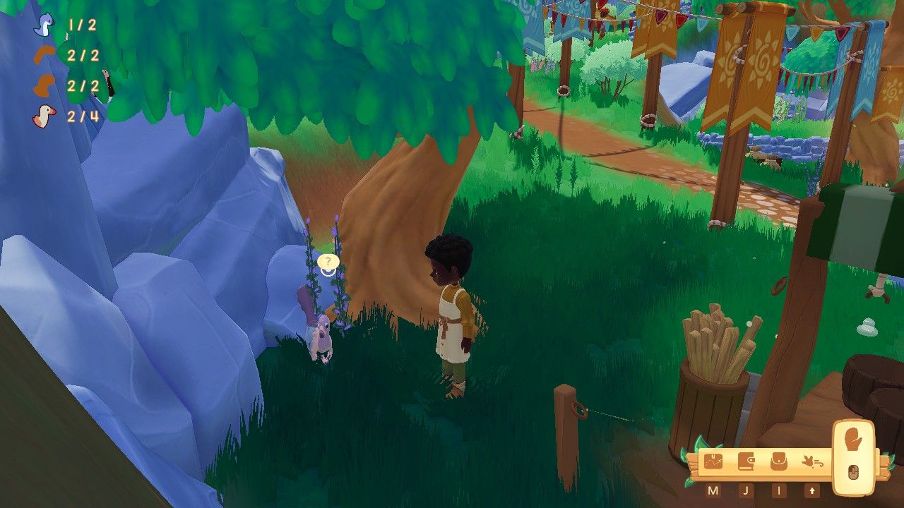Player character standing next to a Velociraptor hiding behind a large tree in Pebble Plaza during Shenanigan in Paleo Pines.