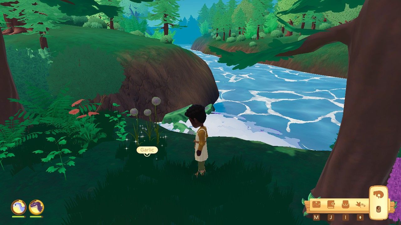 Player character standing next to Garlic stalks in the daytime in Dapplewood Forest during the Jurassos Season in Paleo Pines.