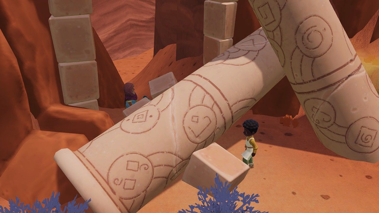 Player character standing near and helping to restore the fallen pillars blocking Ariacotta Canyon in Paleo PInes.