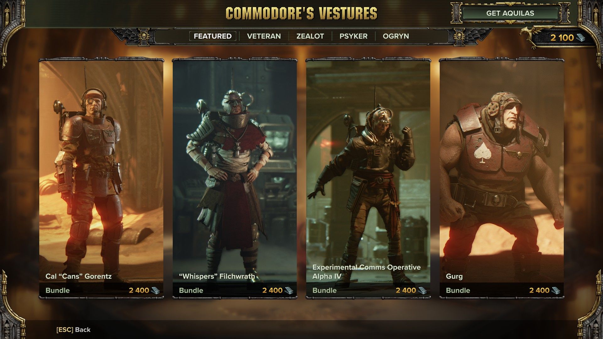 the main screen of The Commodore's Vestures in Warhammer 40,000: Darktide