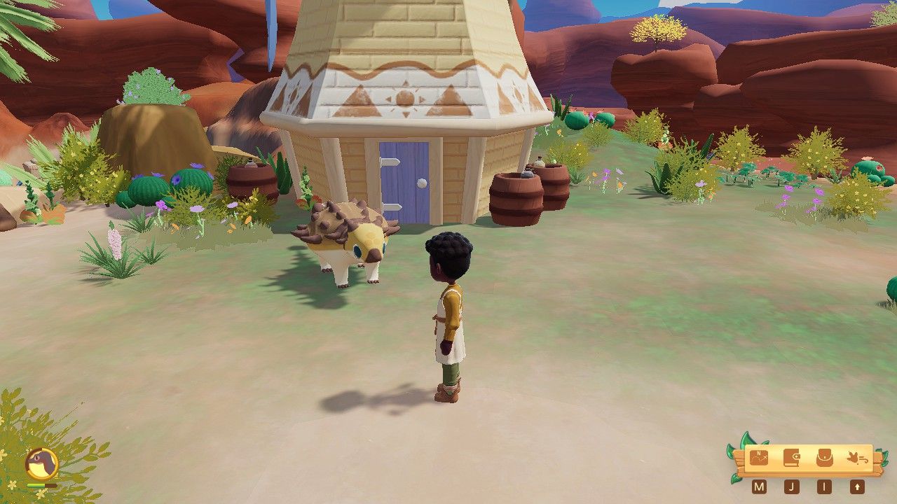 Player character standing next to a Pinacosaurus by Ariacotta Windmill in the daytime during the Triassea Season in Paleo Pines.