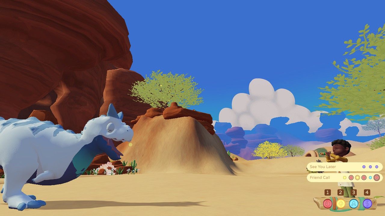 Player character playing music to befriend a light blue Carnotaurus who&rsquo;s calling out a musical note in Paleo Pines.