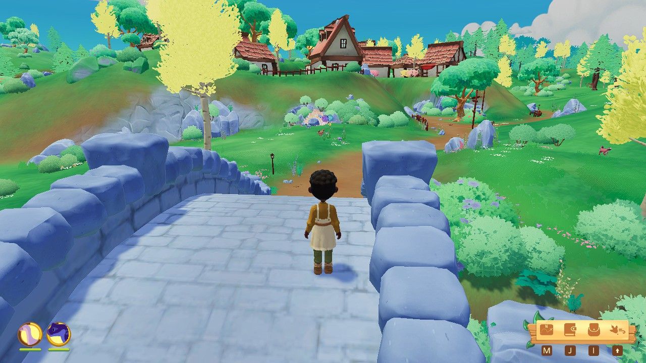 Player character standing on a wide stone bridge near Pebble Plaza during the daytime in Veridian Valley in Paleo Pines.