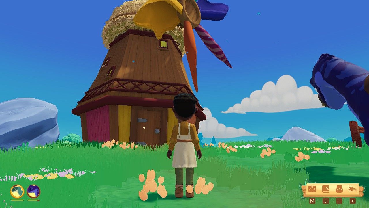 Player character standing in front of a large, colorful windmill with a blue Allosaurus in Veridian Valley in Paleo Pines.