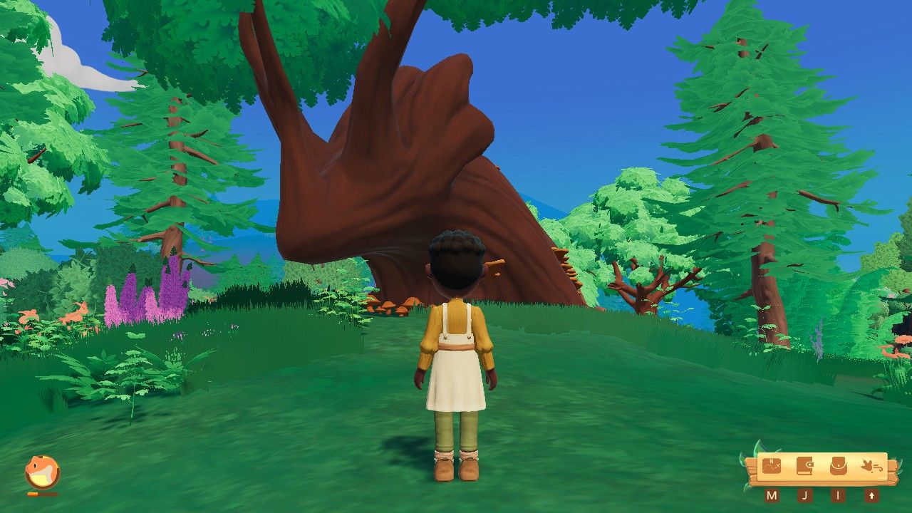 Player character standing next to a Triceratops-shaped tree in Dapplewood Forest during the day in Paleo Pines.