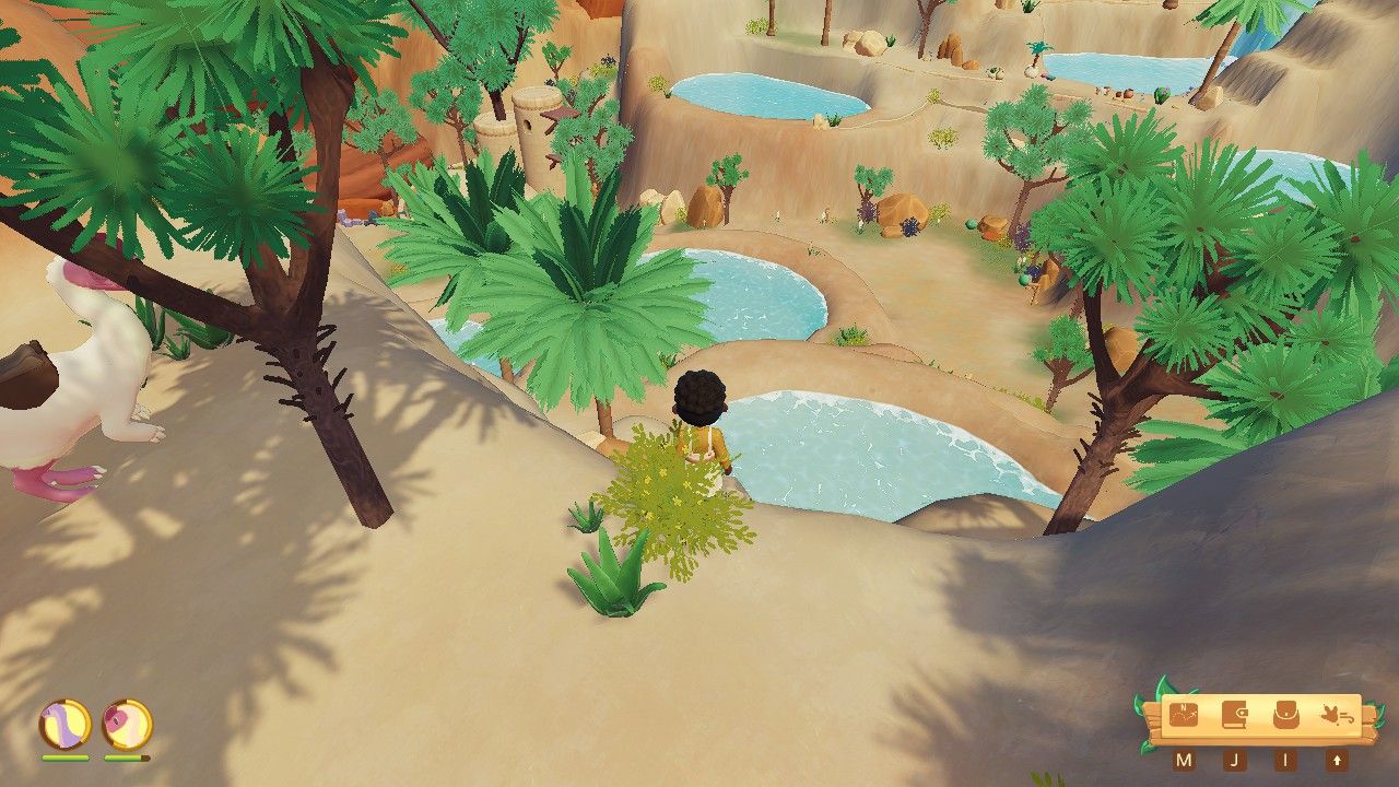 Player character standing on a cliff overlooking several hot water pools in Ariacotta Canyon during the day in Paleo Pines.