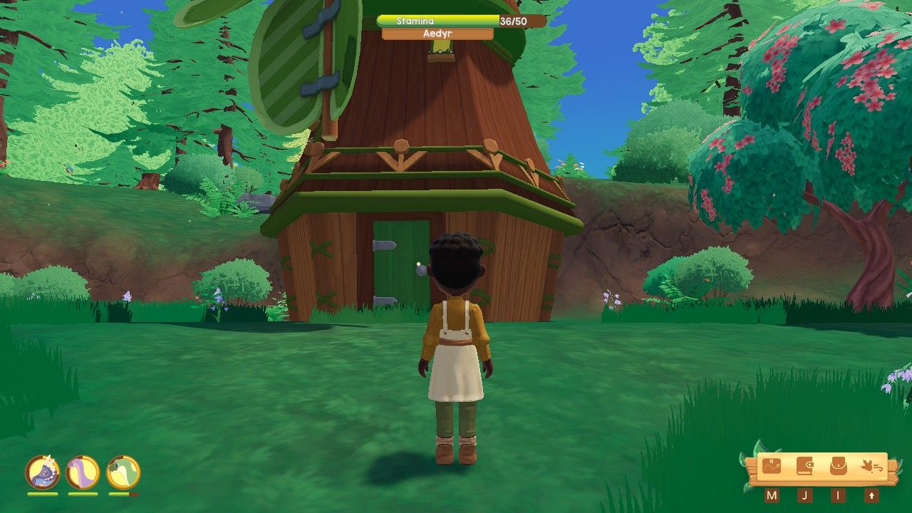 Player character standing in front of a brown and green windmill in Dapplewood Forest during the day in Paleo Pines.