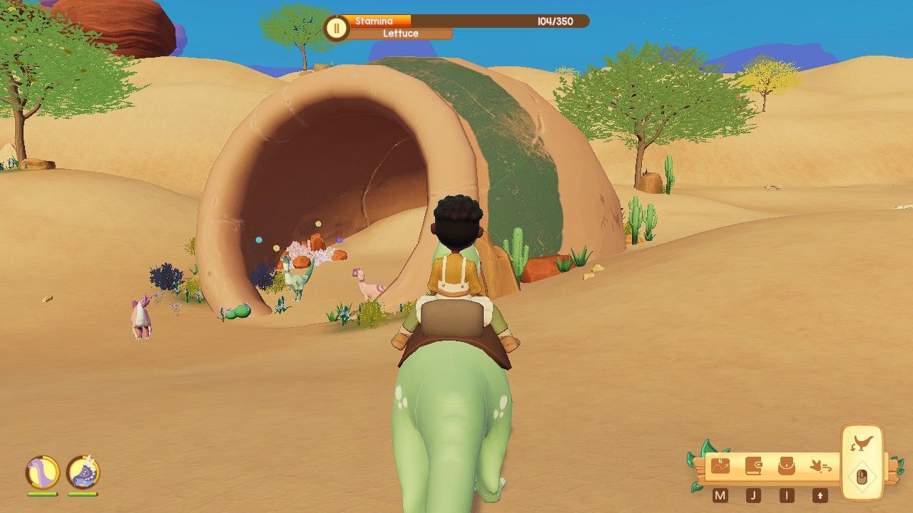 Player character riding on a light green Megalosaurus and facing a gigantic pot sitting in Ariacotta Dunes in the daytime in Paleo Pines.