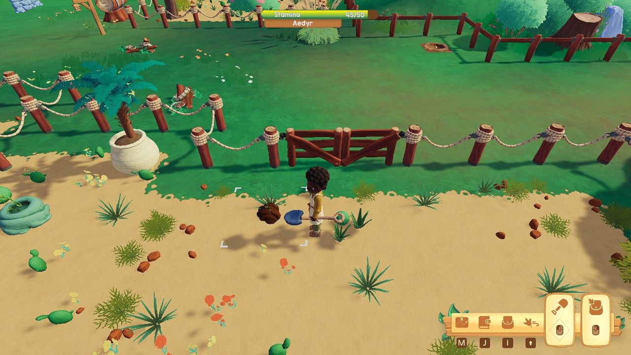 Player character standing next to dinosaur poop in a Desert Biome dinosaur pen during the day in Paleo Pines.