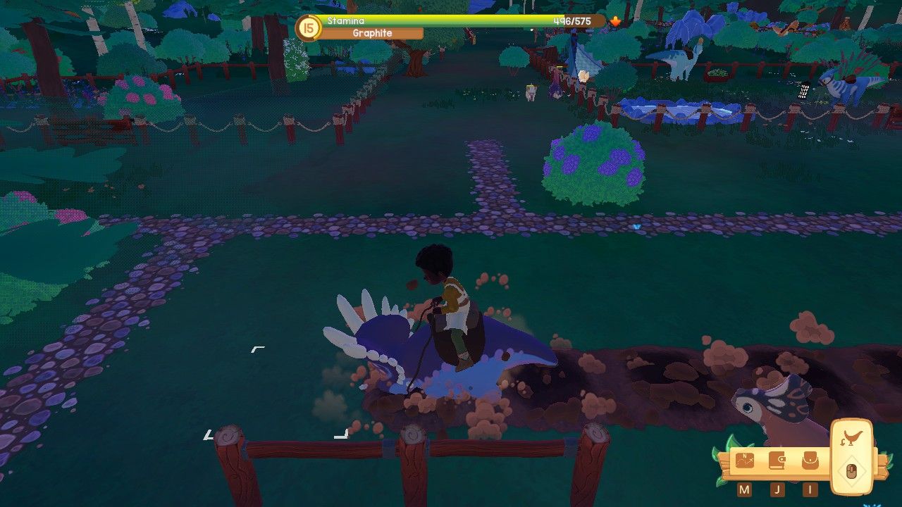 Player character riding a blue Styracosaurus in the raining and having them till a line of soil on their farm in Paleo Pines.
