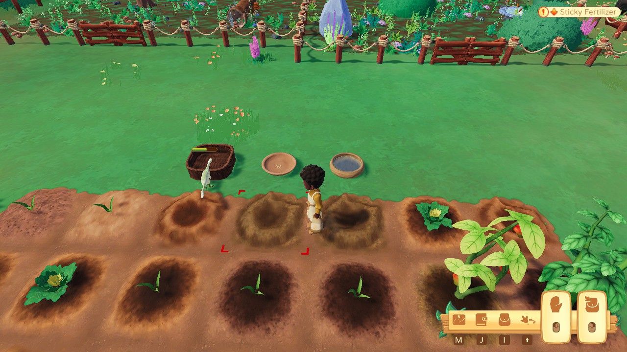 Player character putting some Sticky Fertilizer while a Compsognathus checks a Produce Basket in Paleo Pines.
