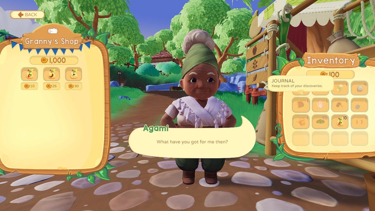 Player character speaking to Granny Agami in Pebble Plaza and in her shopping menu to purchase seeds in Paleo Pines.