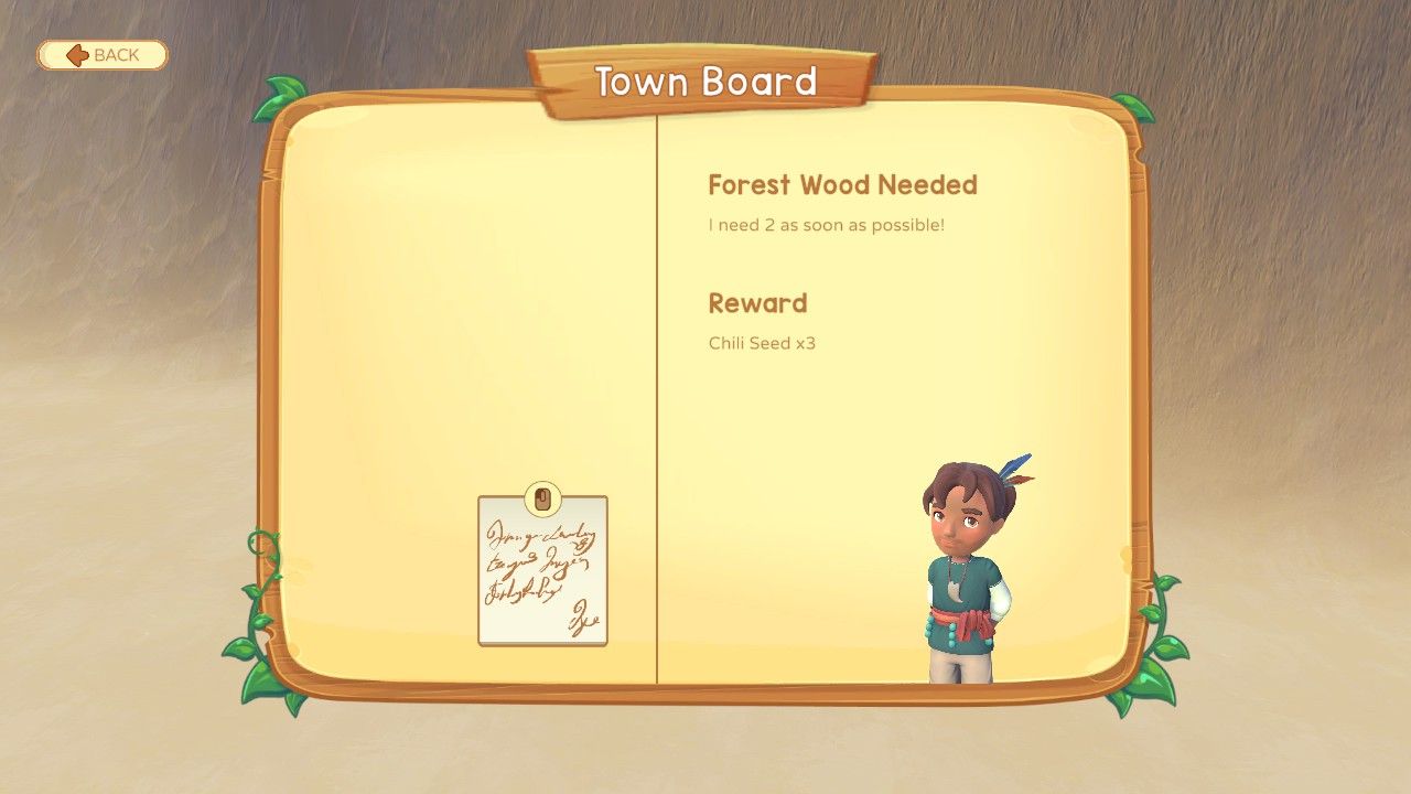 Player character interacting and reading a post at Archeo Pelago's noticeboard from Avery asking for forest wood in return for chili seeds in Paleo Pines.