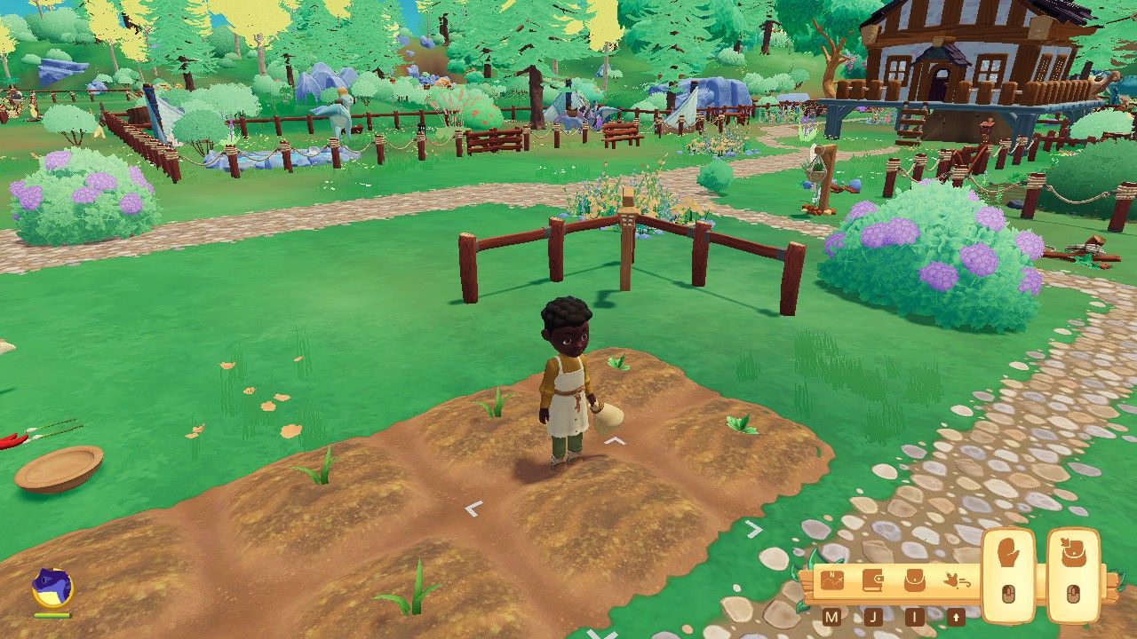 Player character in a patch of farmland and holding a bag of seeds in one hand that they're about to plant in open soil during the day in Paleo Pines.