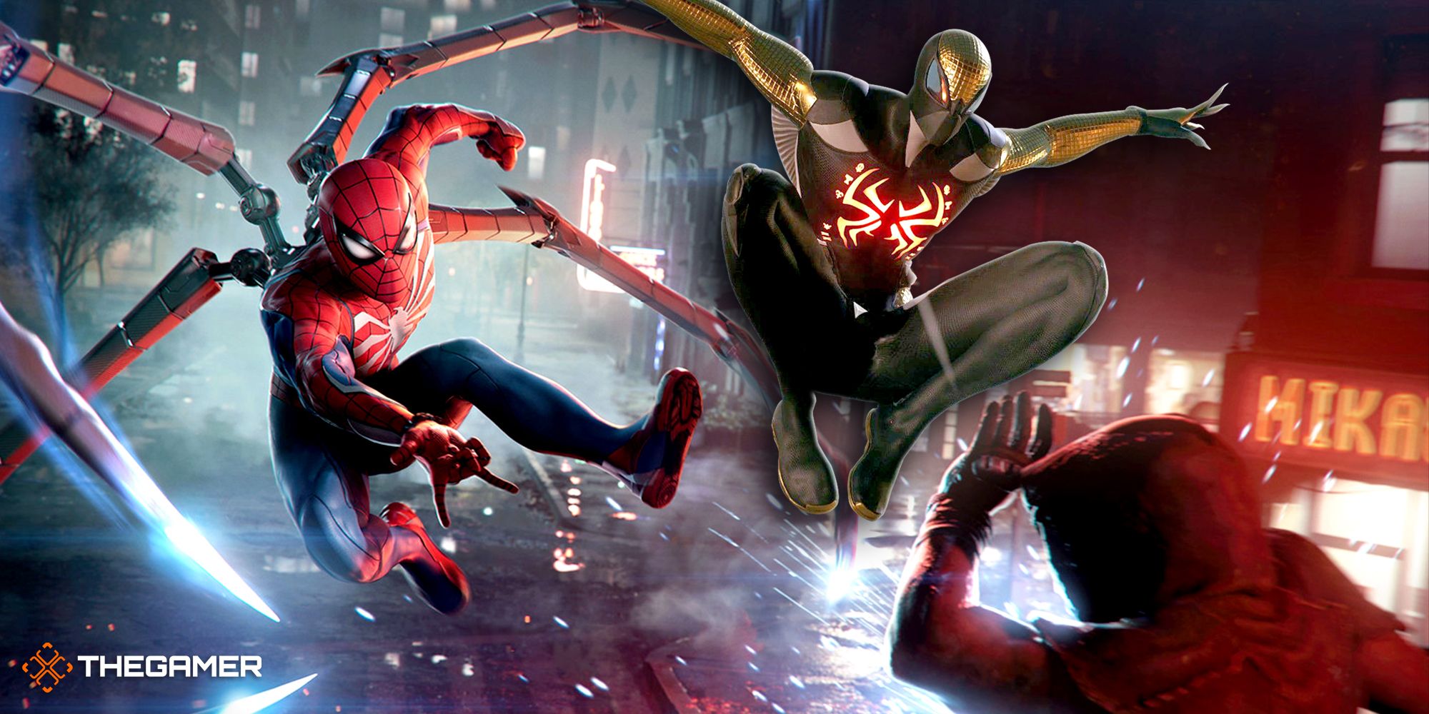 Peter Parker's Spider-Man from Marvel's Spider-Man 2 on the left with robotic limbs extended. Spider-Man from Marvel's Midnight Suns on the right, jumping through the air.