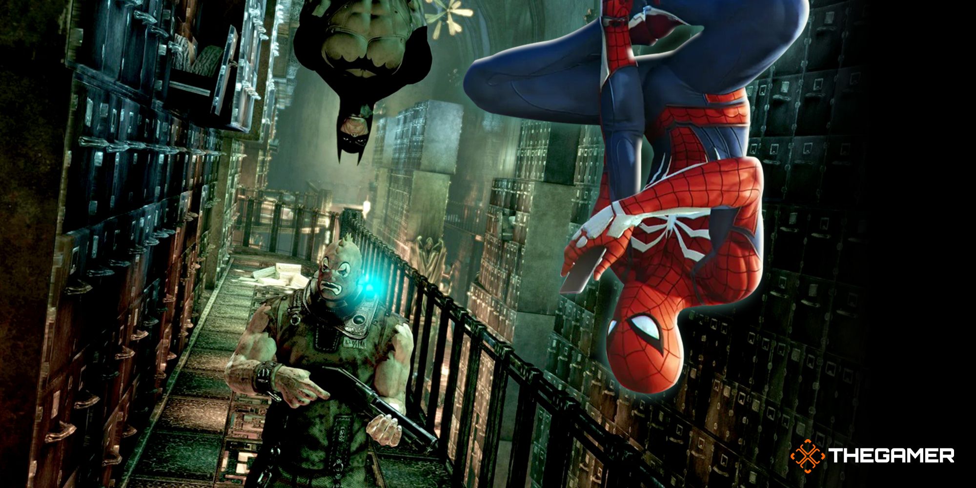 Batman and Spider-Man hanging upside down above a guard pacing through a location from Arkham Asylum