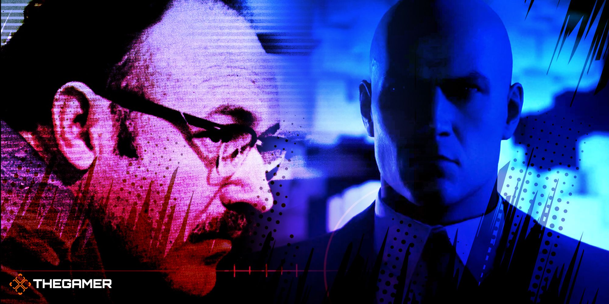 Gene Hackman in The Conversation in profile with purple coloring on the left, Agent 47 from the Hitman games with blue coloring on the right