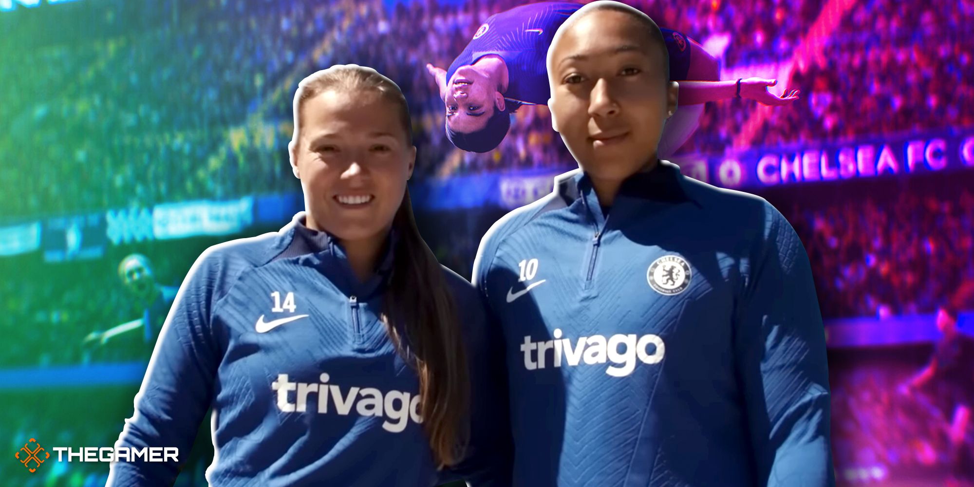 Fran Kirby and Lauren James in Chelsea training kits with Sam Kerr from EA FC 24 in the background