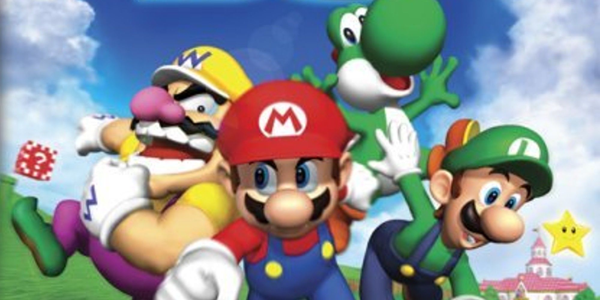 Wario, Mario, Yoshi, and Luigi in front of Peach's castle. 