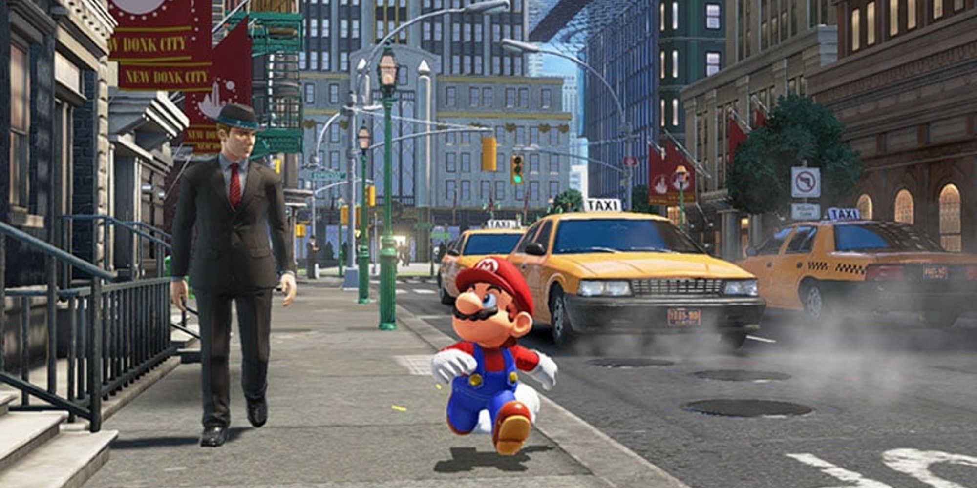 Mario and a man walking on the streets of New Donk City.