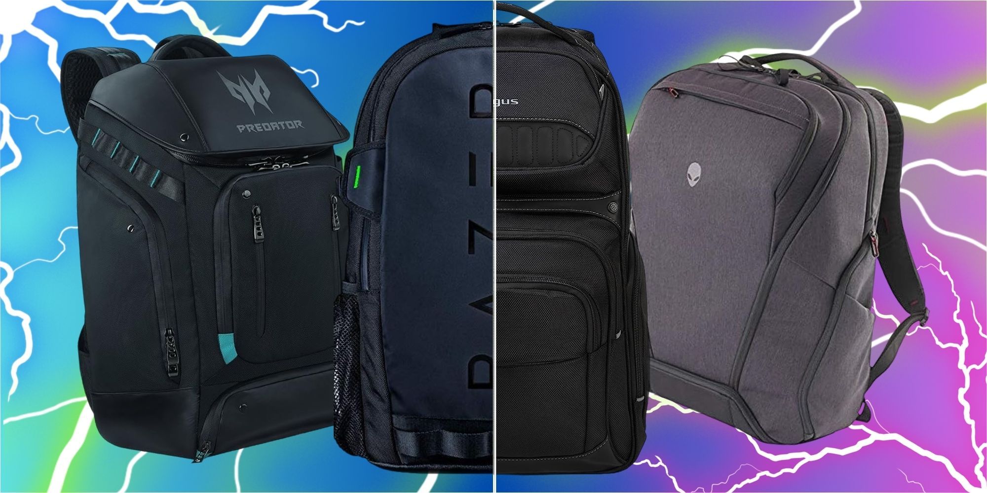 4 gaming laptop backpacks on colorful lightning background 