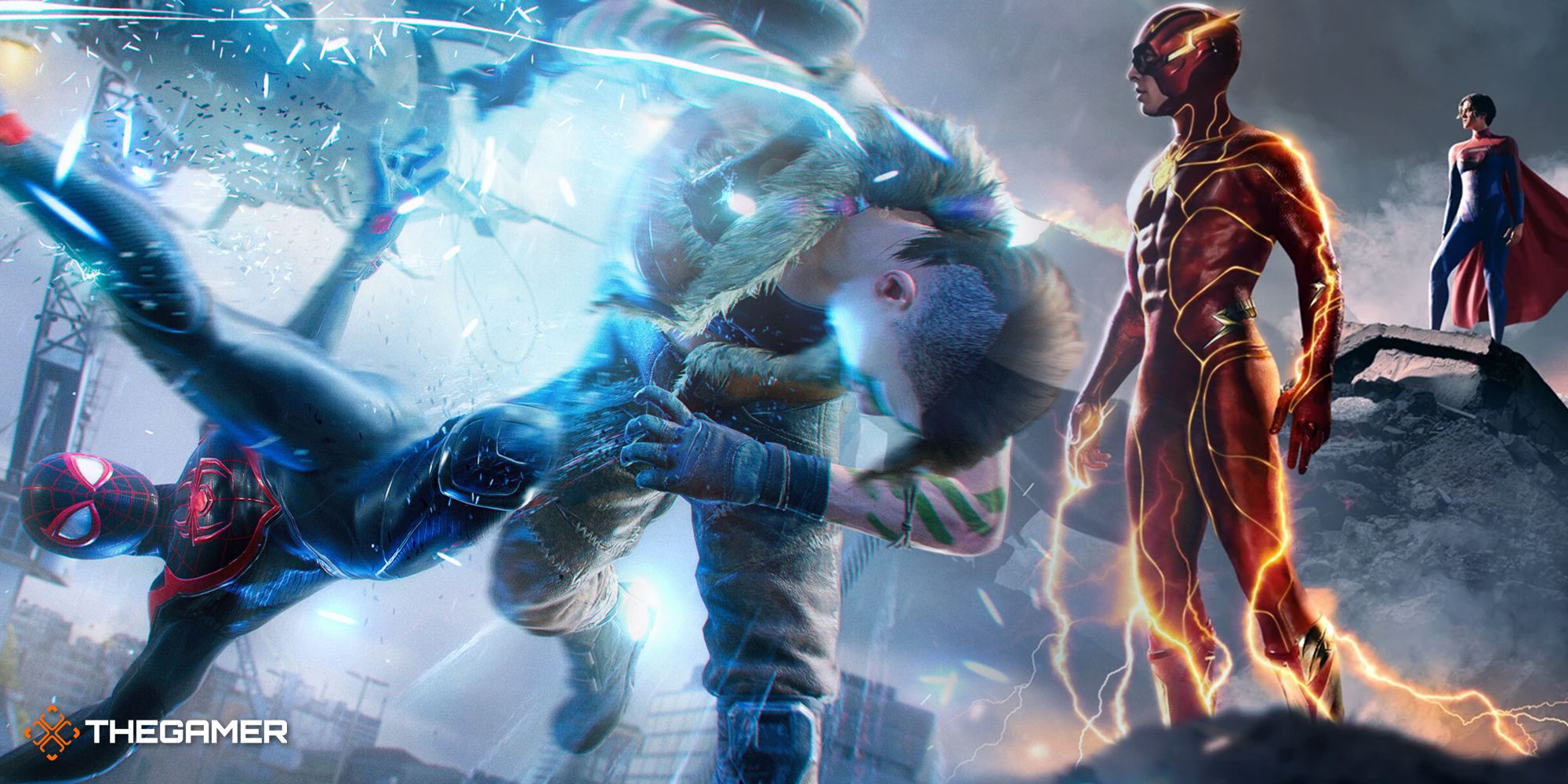 Miles Morales kicks an enemy on the left, with the Flash and Supergirl from The Flash poster standing on the right.