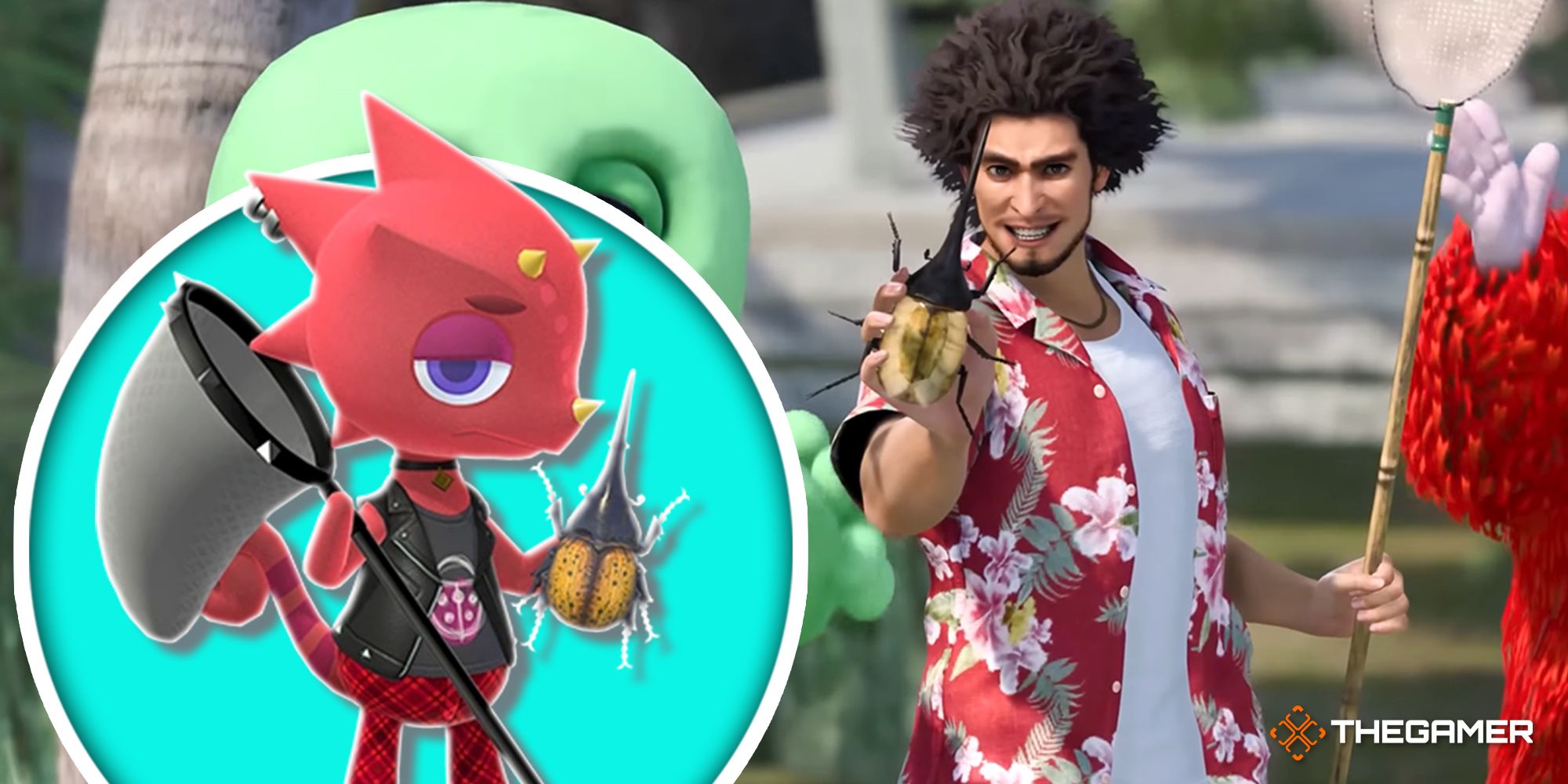 Ichiban Kasuga from Like A Dragon: Infinite Wealth holding a bug and a net, and a character in animal crossing doing the same thing