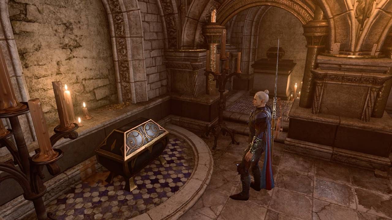 a large chest at the end of a room in the Stormshore Tabernacle basement