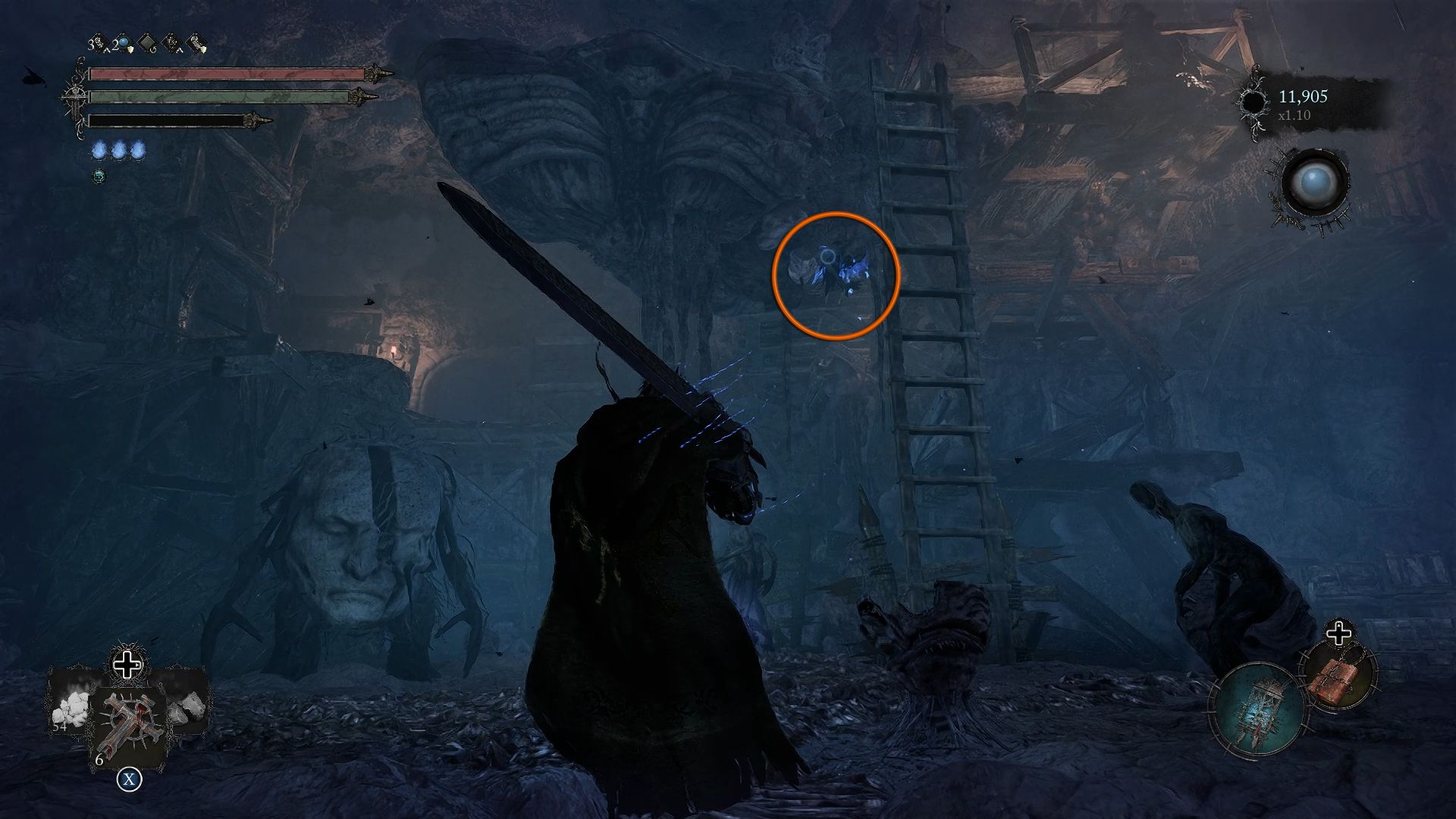 A circle showing the Soulflay item next to the ladder Lords of the Fallen