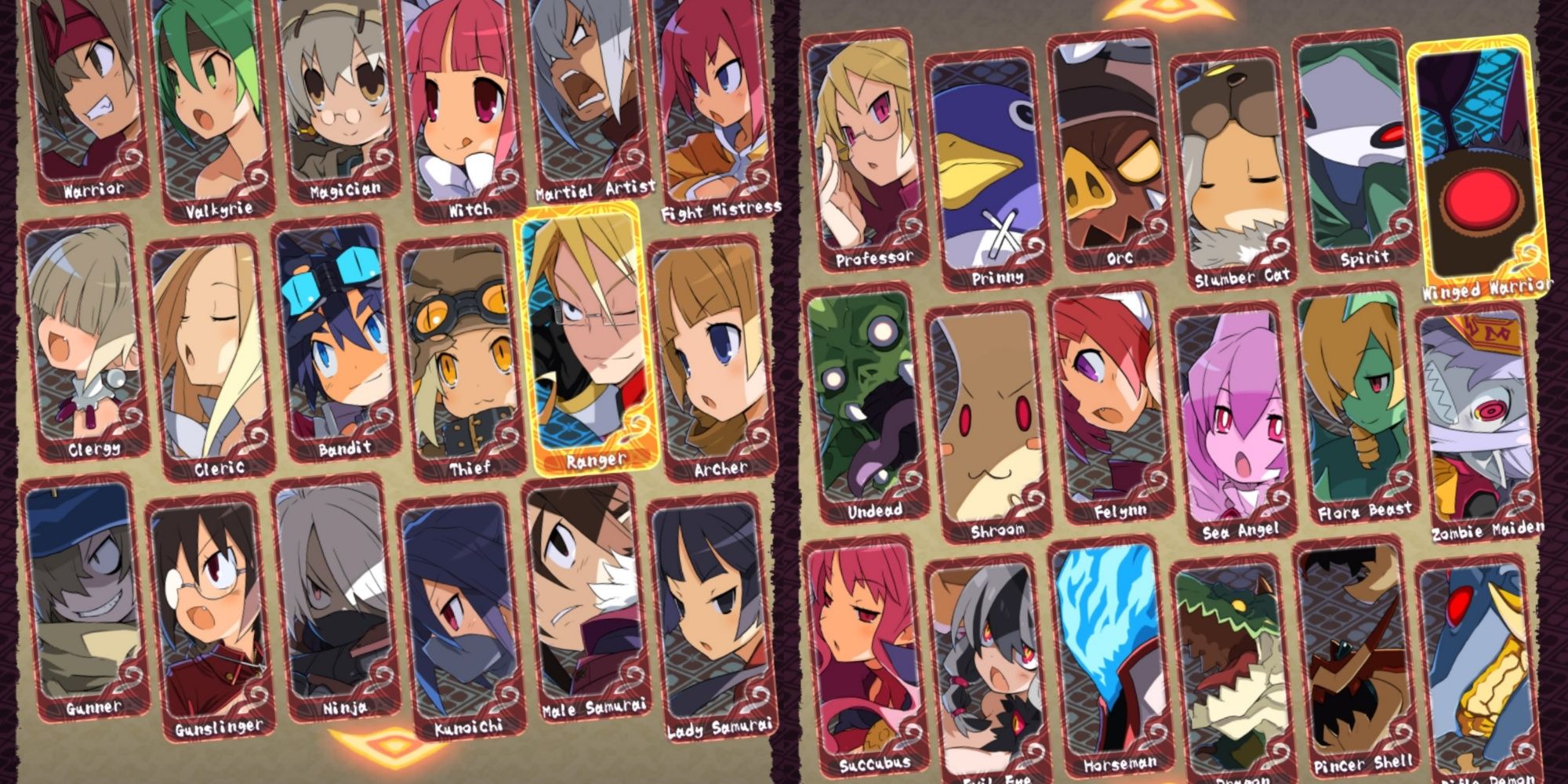 A large collection of classes from the recruitment menu in Disgaea 7