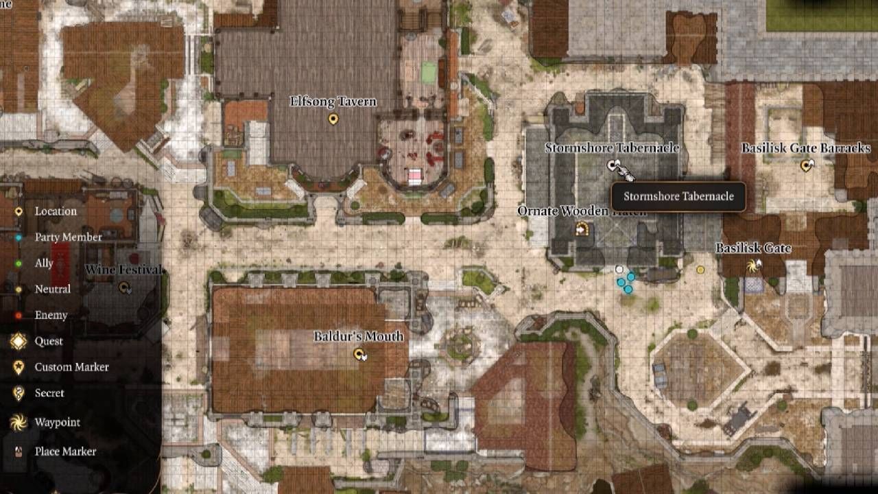 A map of Baldur's Gate Lower City highlighting Stormshore Tabernacle