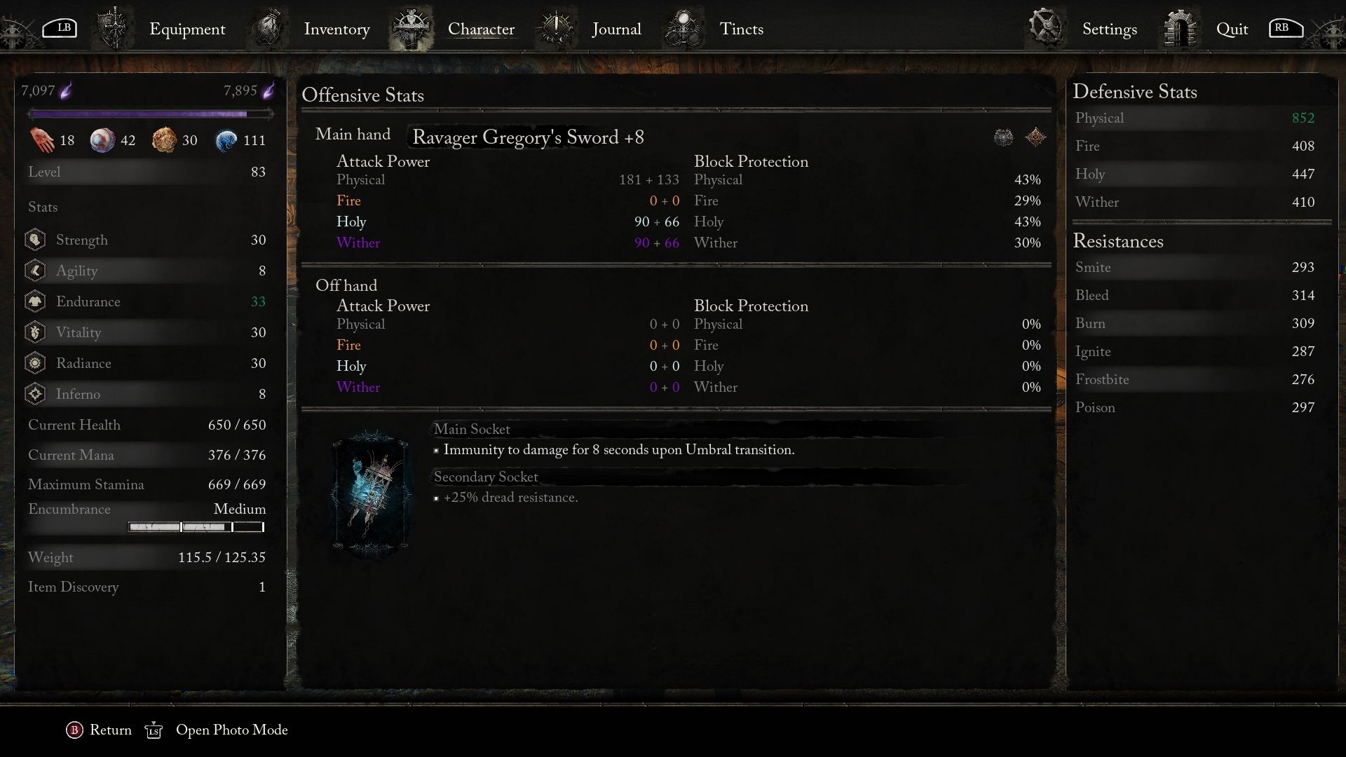 A picture showing the character menu with all the stats Lords of the Fallen