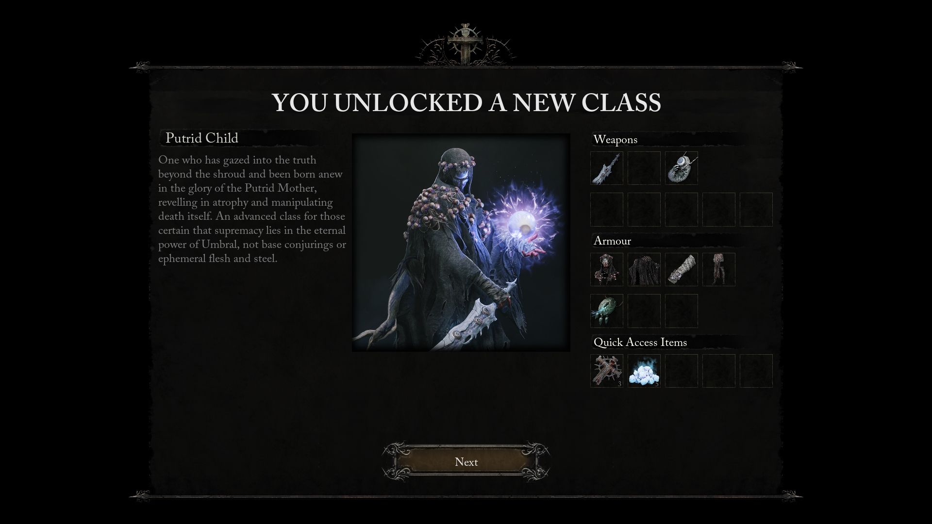 A prompt showing that the player unlocked a new class called Putrid Child Lords of the Fallen