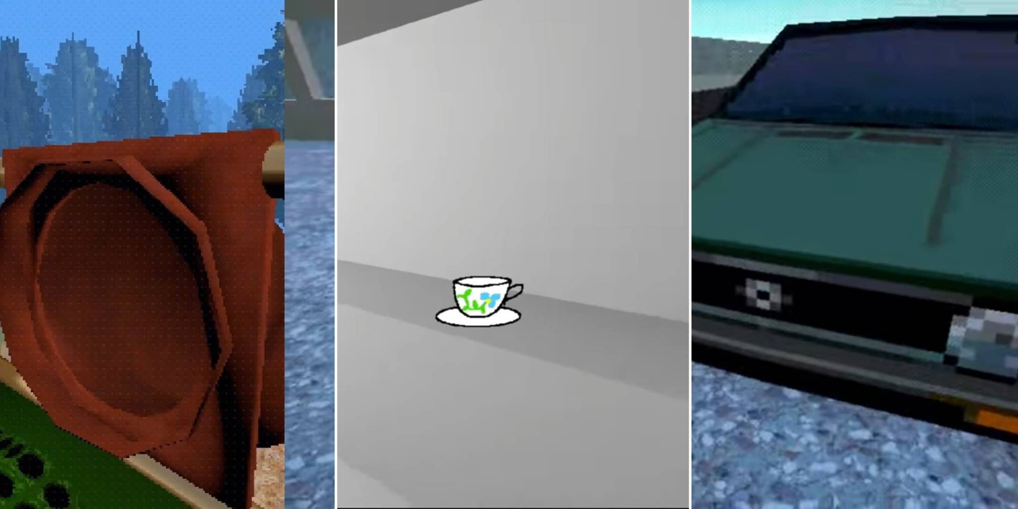 The player approaches the slide in A Slide in the Woods, a teacup sits on a counter in How to Make a Cup of Tea, and the player inspects their car in Filled With Freedom.