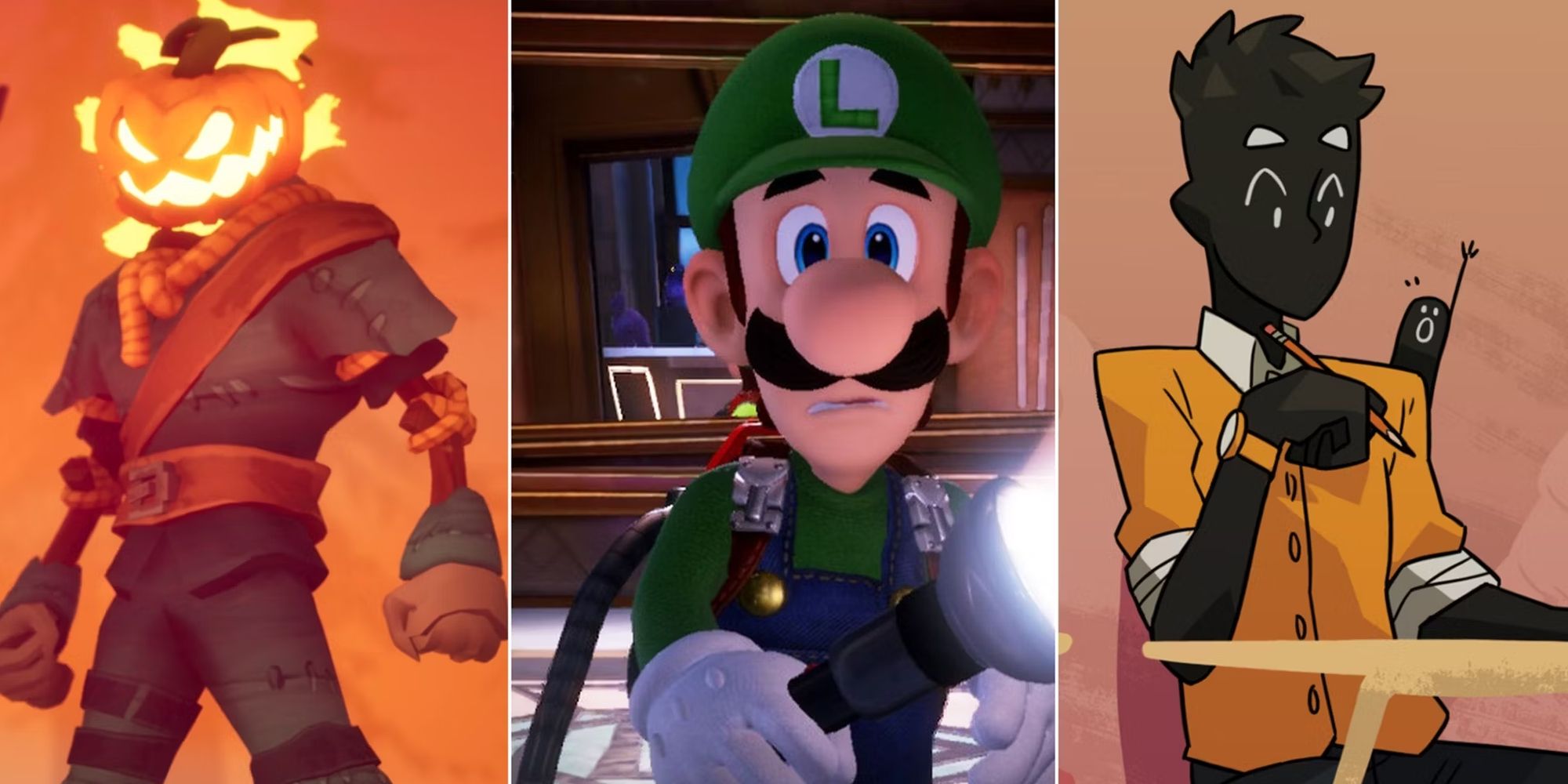 A Split Image Depicting Scenes From Pumpkin Jack, Luigi's Mansion 3, And Monster Prom