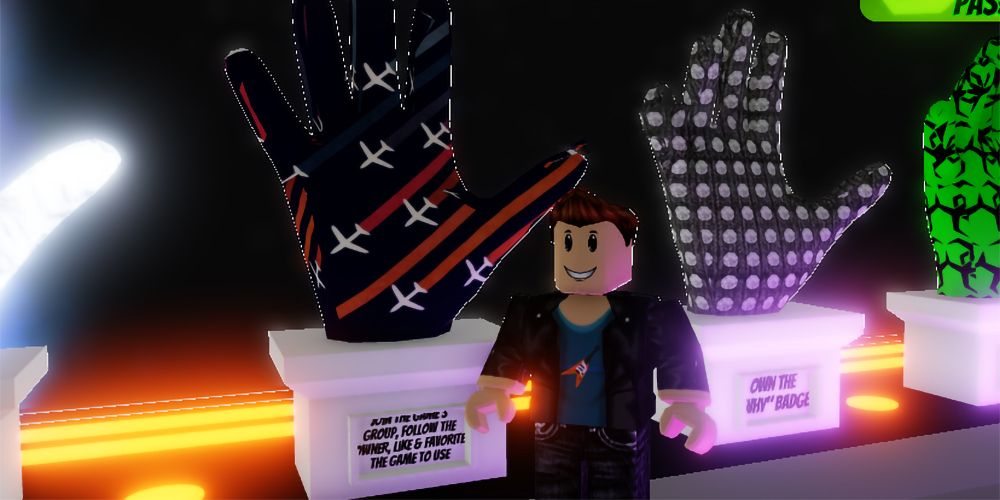 A Roblox character stands next to a giant glove with airplanes on it in Slap Battles.
