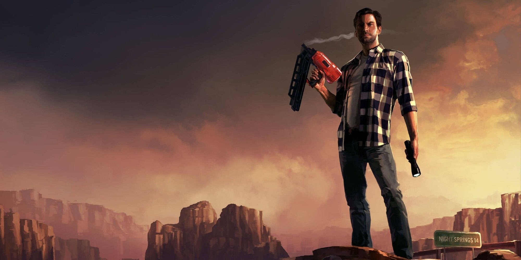 Alan Wake American Nightmare image showing titular character holding a weapon and a flashlight
