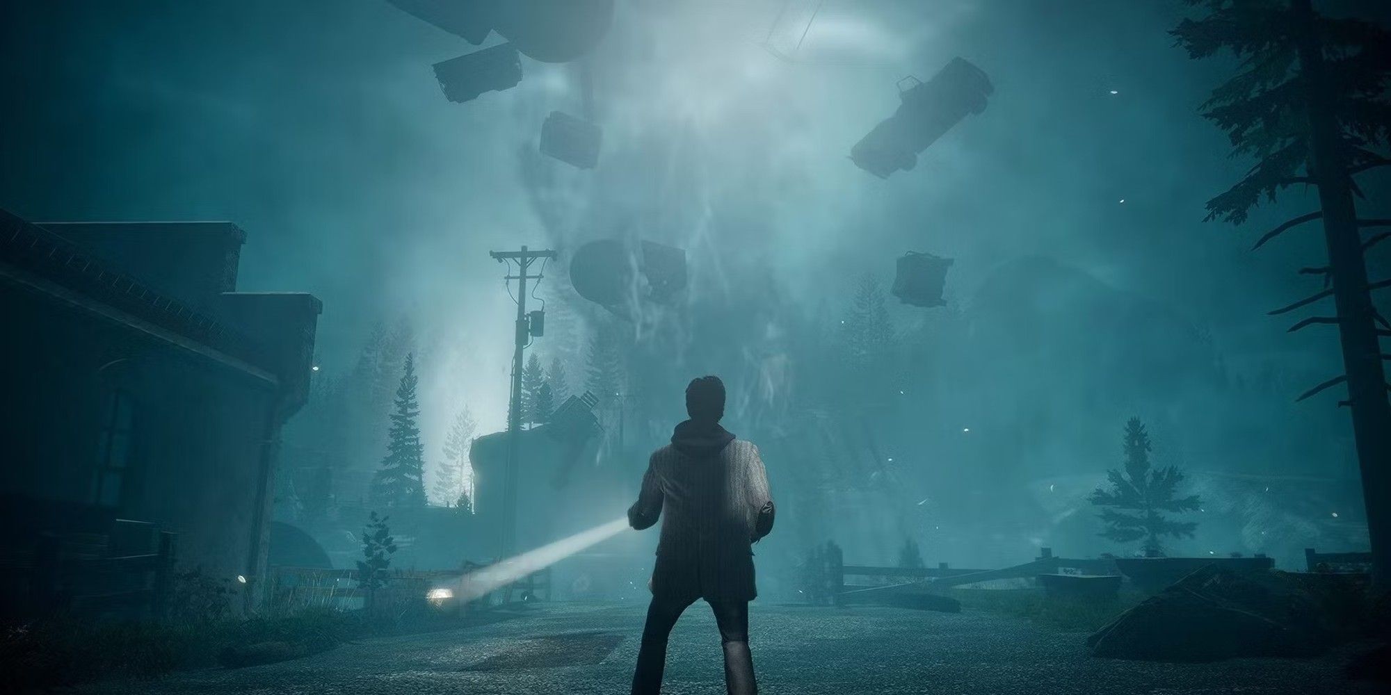 Alan Wake image showing titular character from the back looking at a tornado