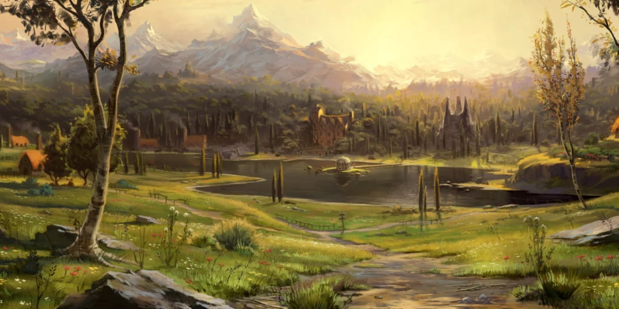 A piece of concept art of a location in Albion, showing a lush green countryside with a lake and mountains in the background. 