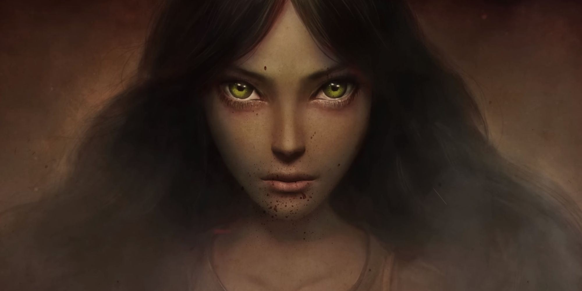 Alice, the protagonist of Alice: Asylum, looks at the camera with bright green eyes