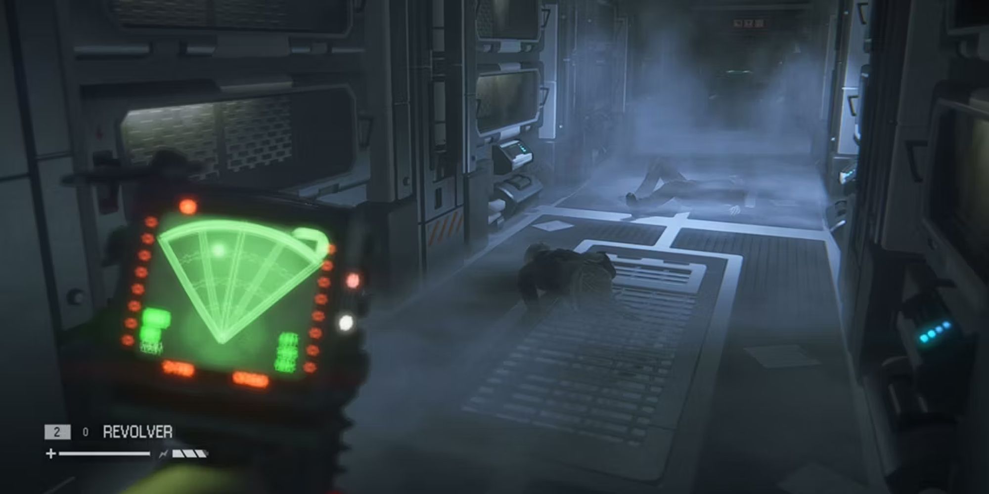 Alien Isolation screenshot of the Player Using The Scanner In A Hallway.