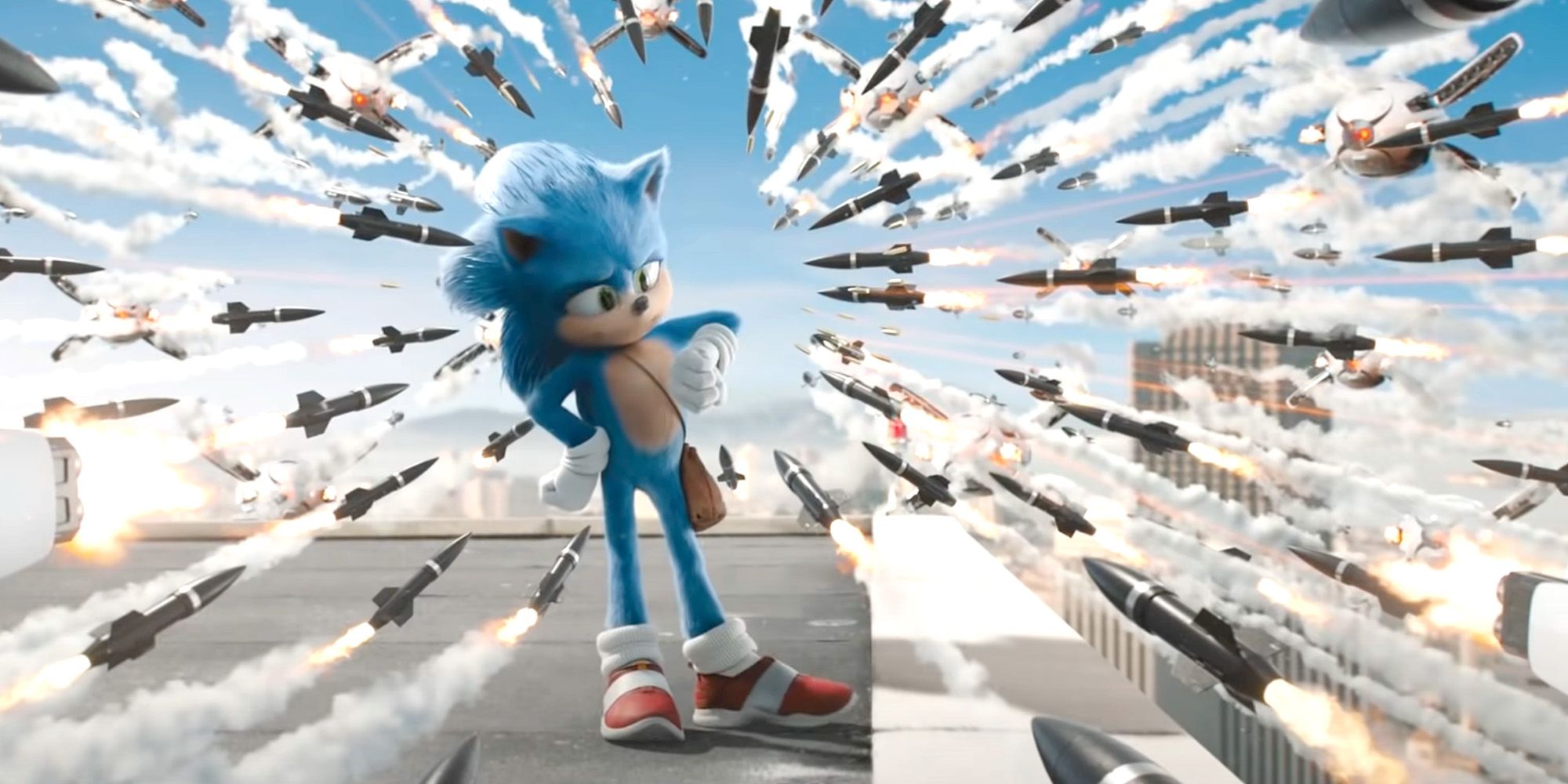Sonic The Hedgehog Movie - Sonic checking his watch while missiles fly toward him