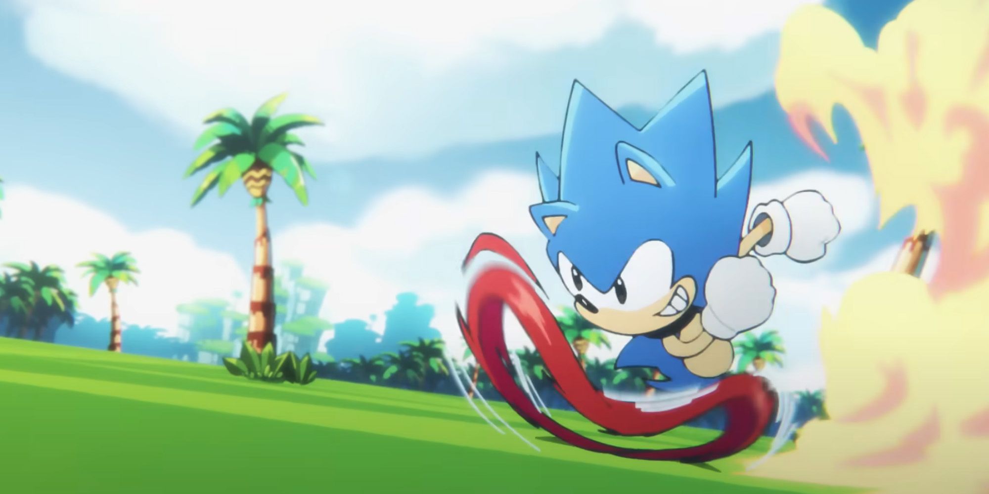 Super Superstars - Classic Sonic running through a grassy field.
