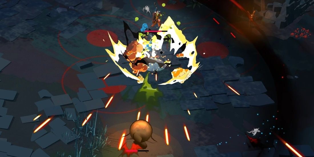 The Apothecary (top middle) fires a cone of shrapnel at some enemies.