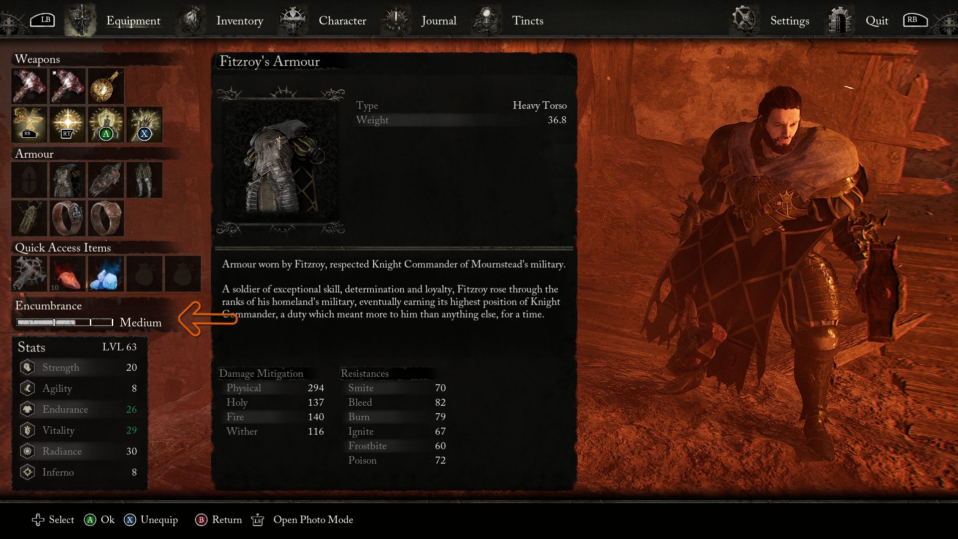 An arrow showing the Encumbrance bar that indicates the player's weight in Lords of the Fallen